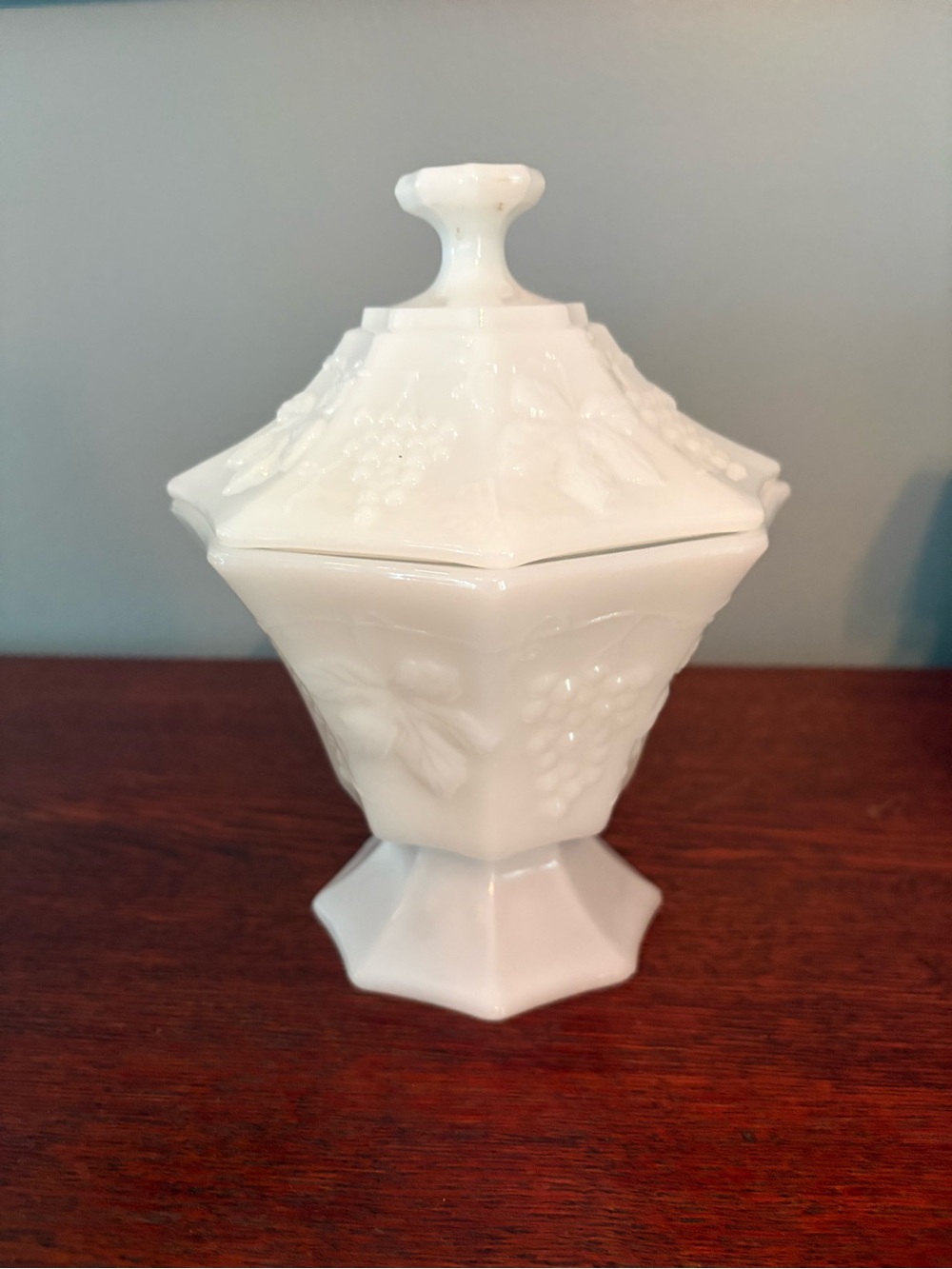 Classic White Milk Glass Covered Candy Dish - Decorative Grape Motif